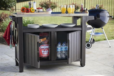 portable outdoor table with storage cabinet and stainless steel top|Keter Unity XL Portable Outdoor Table with Stainless Steel Top .